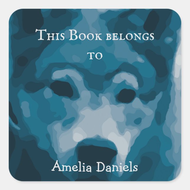 Adesivo Quadrado Lobo Solitário Azul Este Livro Pertence A (Frente)