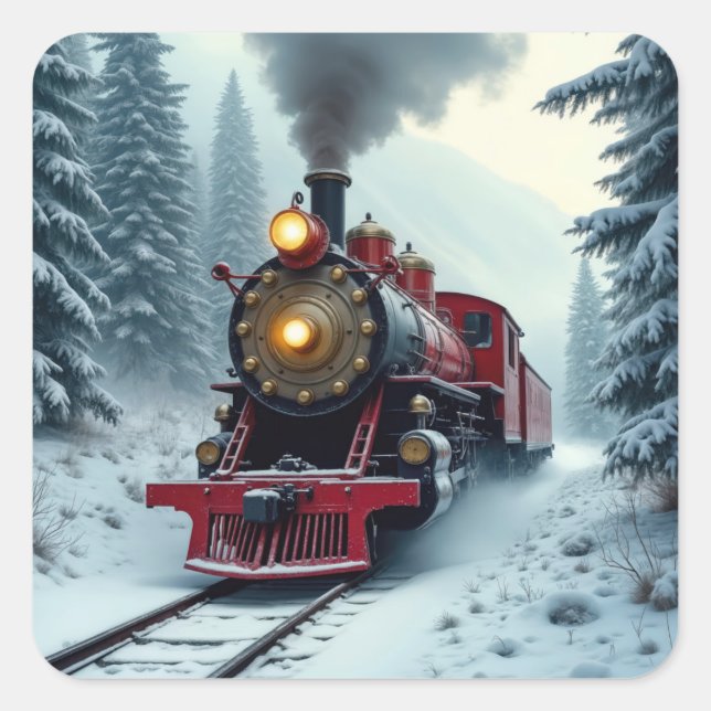 Adesivo Quadrado Locomotiva Vintage Winter Steam (Frente)
