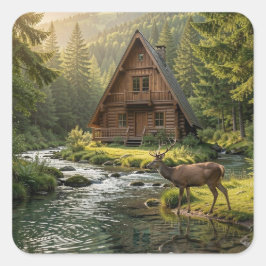 Adesivo Quadrado Log Cabin, Stream, Mountains and Deer Nature Art