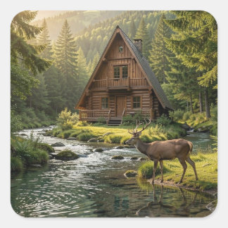Adesivo Quadrado Log Cabin, Stream, Mountains and Deer Nature Art