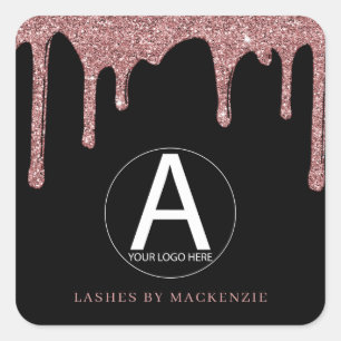 Adesivo Quadrado Logotipo comercial do Glitter Dourado Rosa preto