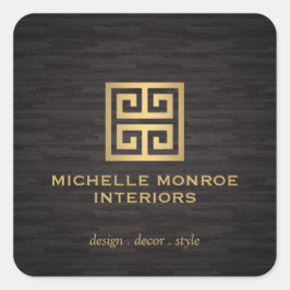 Adesivo Quadrado Logotipo Designer Elegante Chave Grega Dourado/Grã