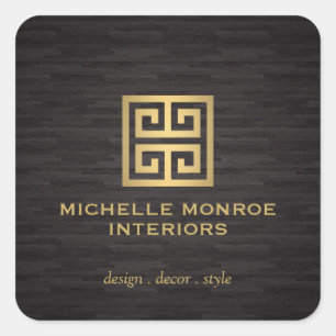 Adesivo Quadrado Logotipo Designer Elegante Chave Grega Dourado/Grã
