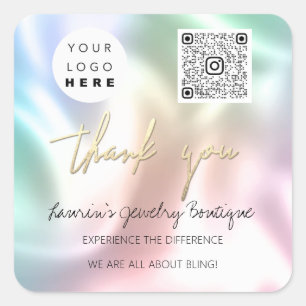 Adesivo Quadrado Logotipo do obrigado QrCode Online Comprar Holográ