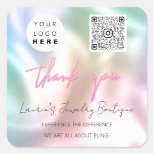 Adesivo Quadrado Logotipo do obrigado QrCode Online Comprar holográ