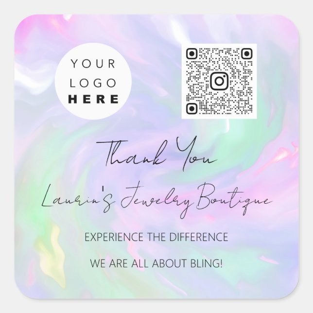 Adesivo Quadrado Logotipo QrCode Holográfico de Compro online (Frente)