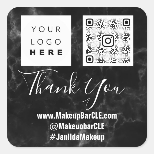 Adesivo Quadrado Logotipo QRCode Nome Obrigado Comprando Mármore Fa (Frente)