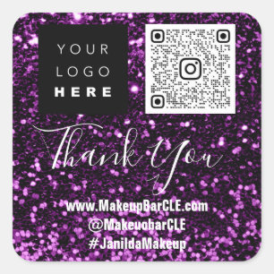 Adesivo Quadrado Logotipo QRCode Nome Obrigado Comprando Roxo Socia