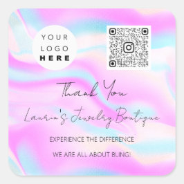 Adesivo Quadrado Logotipo QrCode Online Compro Holográfico Rosa Azu