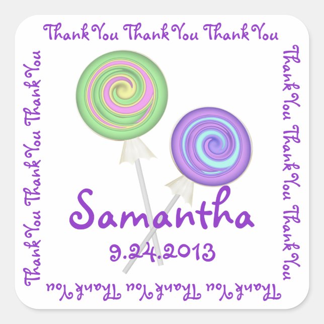 Adesivo Quadrado Lollipop Candy Obrigado (Frente)