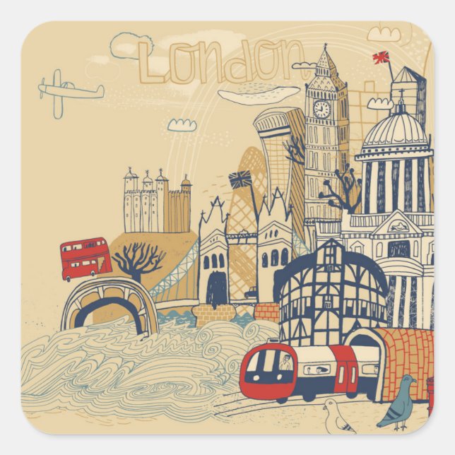 Adesivo Quadrado London Doodle Scene (Frente)
