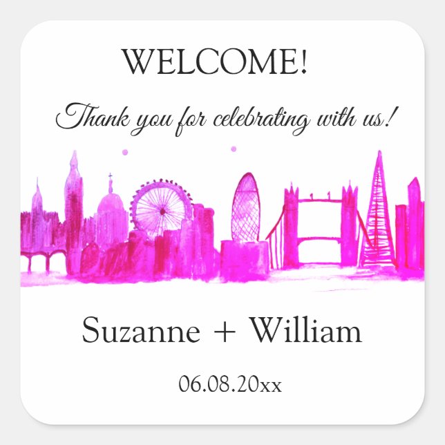 Adesivo Quadrado London England Skyline Pink Favorece Praça Casamen (Frente)