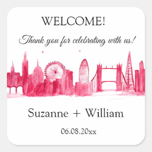 Adesivo Quadrado Londres Inglaterra: Skyline Pink Favorece Casament