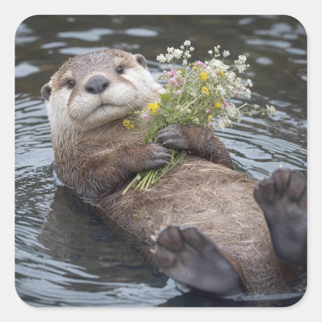 Adesivo Quadrado Lontra Flutuando com Buquê de Flores Silvestres (Frente)