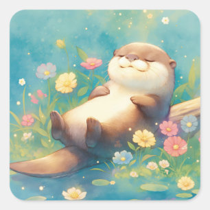 Adesivo Quadrado Lontra Relaxando em Tronco com Flores Coloridas