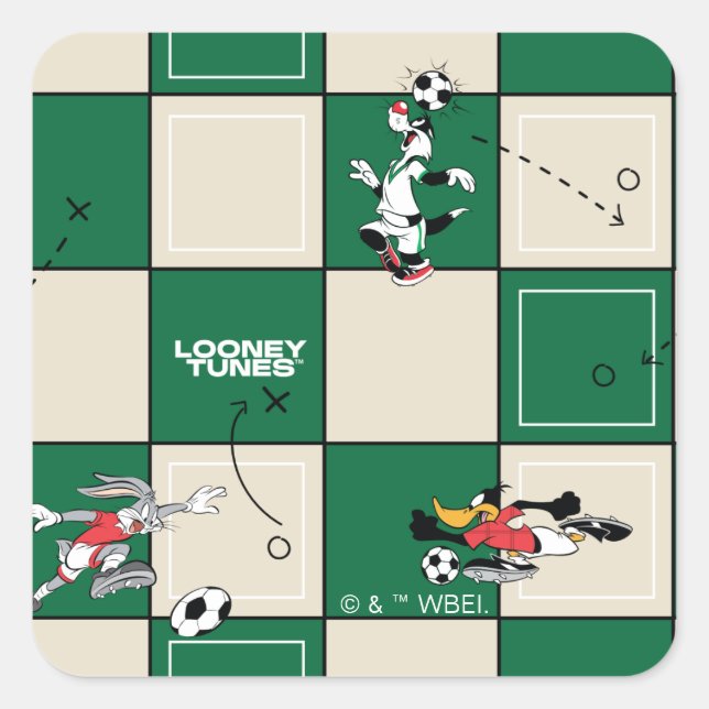 Adesivo Quadrado LOONEY TUNES™ Padrão de Grade de Futebol (Frente)