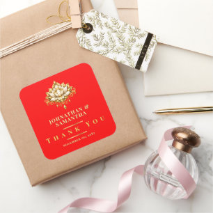 Adesivo Quadrado Lótus Floral Vermelho Dourado Obrigado Indiano