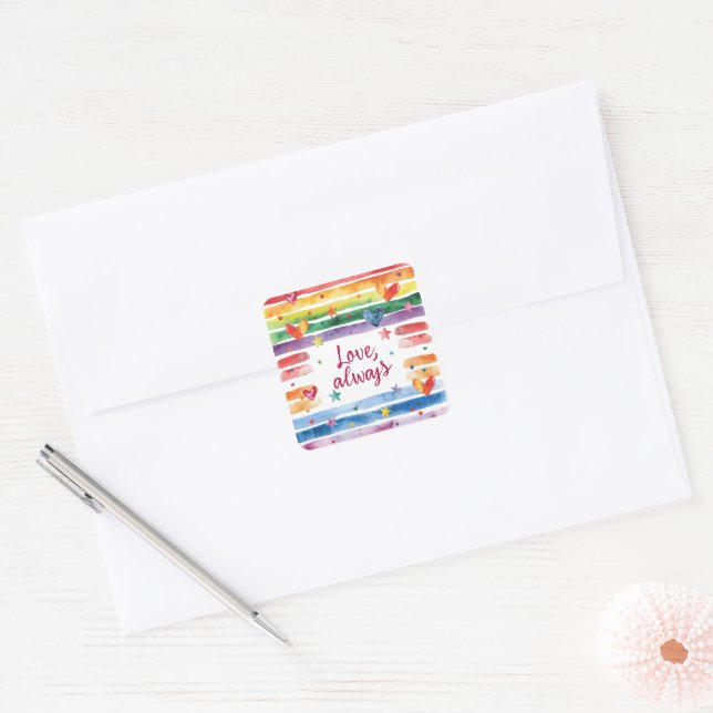 Adesivo Quadrado Love Always Rainbow Sticker, Watercolor Heart (Envelope)