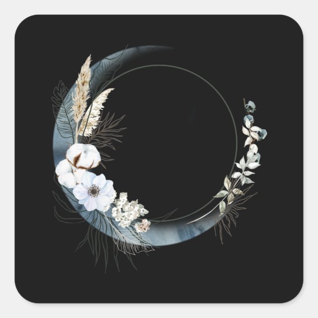 Adesivo Quadrado Lua azul crescendo com flores brancas (Frente)