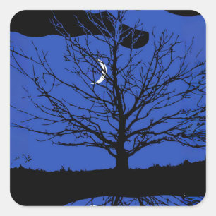 Adesivo Quadrado Lua com árvore, azul cobalto, preto e branco