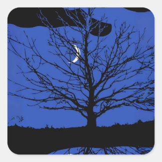 Adesivo Quadrado Lua com árvore, azul cobalto, preto e branco
