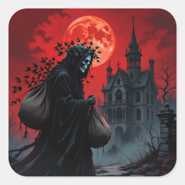 Adesivo Quadrado Lua Vermelha de Halloween (Frente)