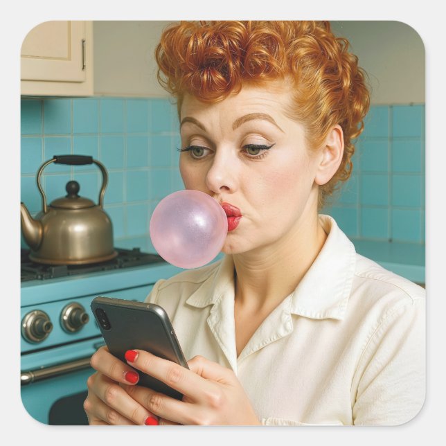 Adesivo Quadrado Lucille Ball Enviando SMS em um Telefone Celular (Frente)