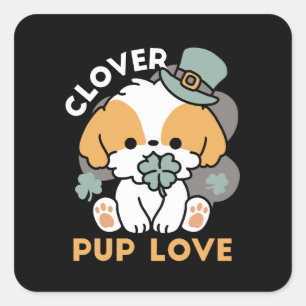 Adesivo Quadrado Lucky Pup com Clover - Rua. Presente no Dia de Pat