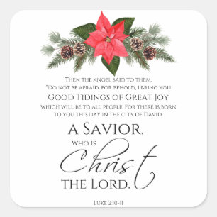 Adesivo Quadrado Luke 2:10-11 Escritura de Natal de Poinsettia
