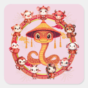 Adesivo Quadrado Lunar Chinês, Ano Novo Cobra Design 1
