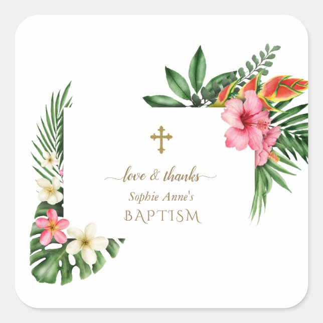 Adesivo Quadrado Lush Tropical Garden Flowers Bloom Girl Baptism (Frente)