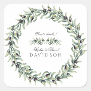 Adesivo Quadrado Lush Watercolor Olive Branches Wreath Casamento