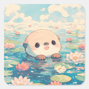 Adesivo Quadrado Lutra Feliz no Lago de Flor de Lótus
