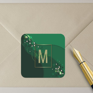 Adesivo Quadrado Luxo Abstracto Verde Esmeralda Dourado Monogramado