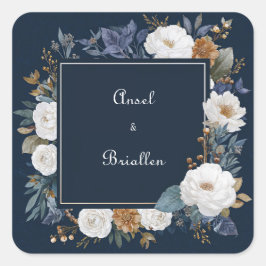 Adesivo Quadrado Luxo Moldura Dourada Floral Peônia Azul Marinho Br