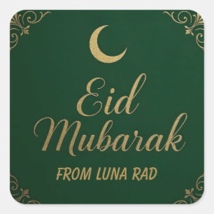 Adesivo Quadrado Luxuoso Eid Mubarak Elegante Saudação em Verde