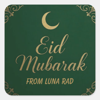 Adesivo Quadrado Luxuoso Eid Mubarak Elegante Saudação em Verde