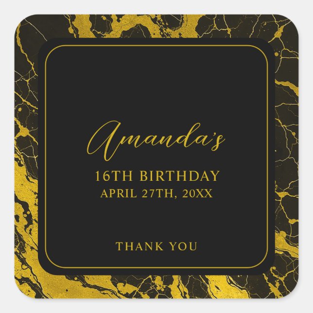 Adesivo Quadrado Luxurioso Black & Dourado Marble Sweet 16 Aniversá (Frente)