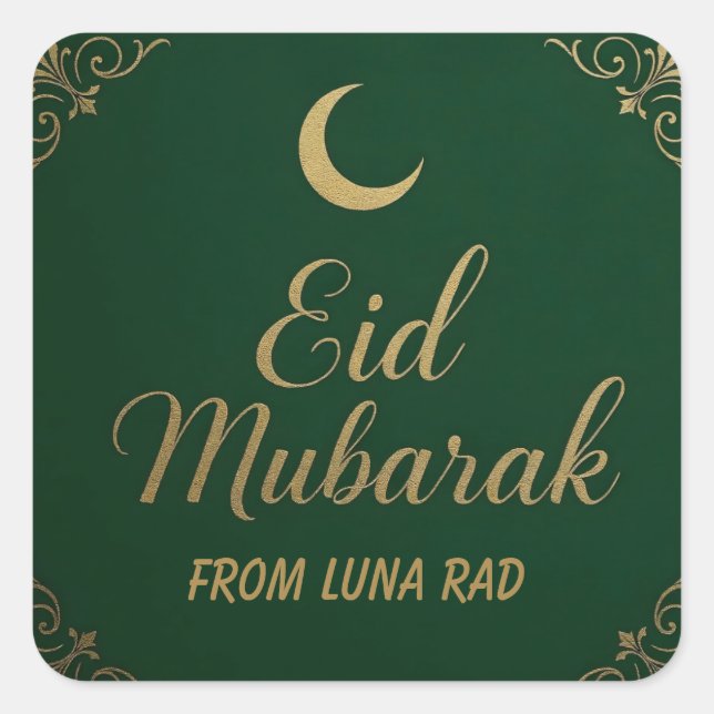 Adesivo Quadrado Luxury Elegant Eid Mubarak Greeting in Green (Frente)