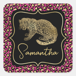 Adesivo Quadrado Luxury Pink Leopard Print Gold Animal Monogram