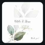 Adesivo Quadrado Luz Eucalyptus Brilhante Verde Dourado Obrigado<br><div class="desc">Decorra os envelopes ou outros itens com o seu nome e adesivos Light Eucalyptus Glow Greenery Dourados. Obrigado opcional que você escreve.</div>