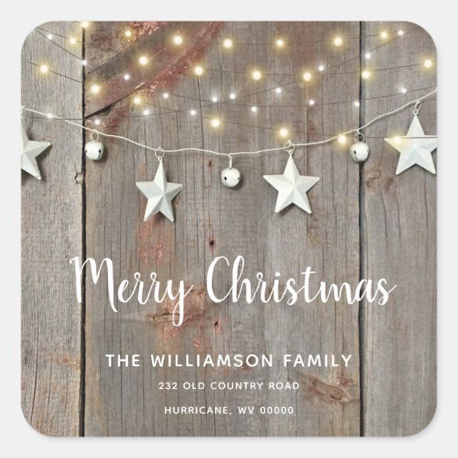 Adesivo Quadrado Luzes de Corda de Madeira de Feliz Natal Russo (Frente)