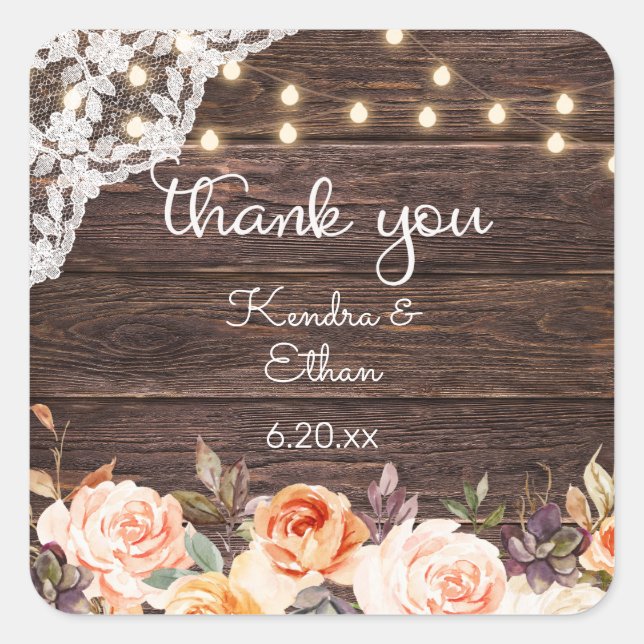 Adesivo Quadrado Luzes De Lace De Madeira, Blush E Peach Floral Obr (Frente)