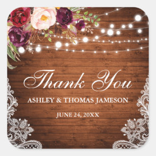 Adesivo Quadrado Luzes de madeira russa Lace Floral Obrigado B