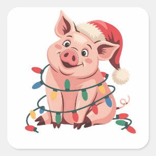 Adesivo Quadrado Luzes de Natal Porco Vestindo Chapéu Natal - Pig L