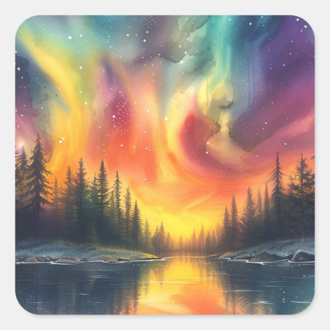 Adesivo Quadrado Luzes do Norte no Lago com Estrelas (Frente)