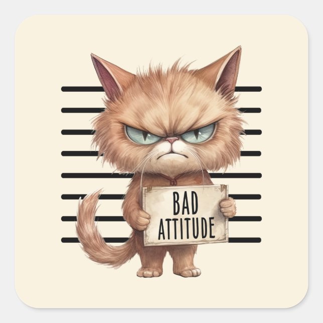 Adesivo Quadrado Má Atitude Cat Mugshot - Design Felino Engraçado (Frente)