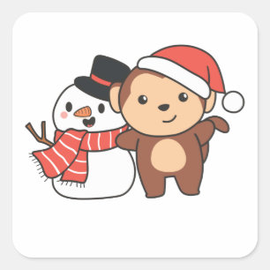 Adesivo Quadrado Macaco Com Neve No Inverno Para O Natal