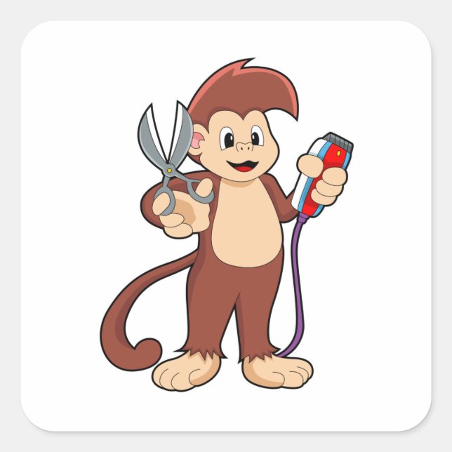 Adesivo Quadrado Macaco como cabeleireiro com tesoura e Razor (Frente)