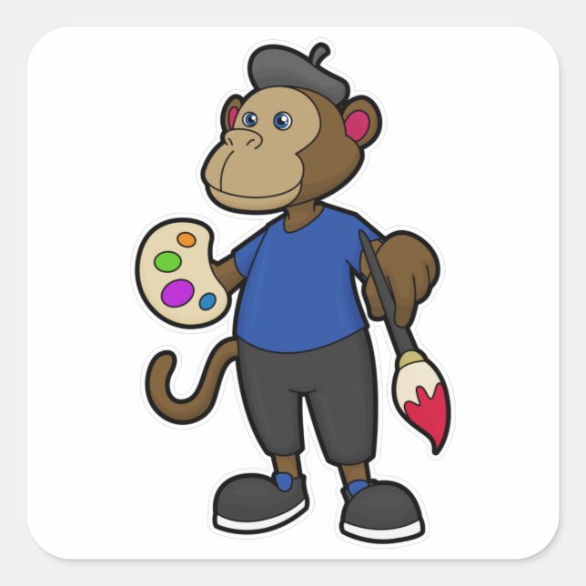 Adesivo Quadrado Macaco como Pintor com Pintura e Pincel (Frente)